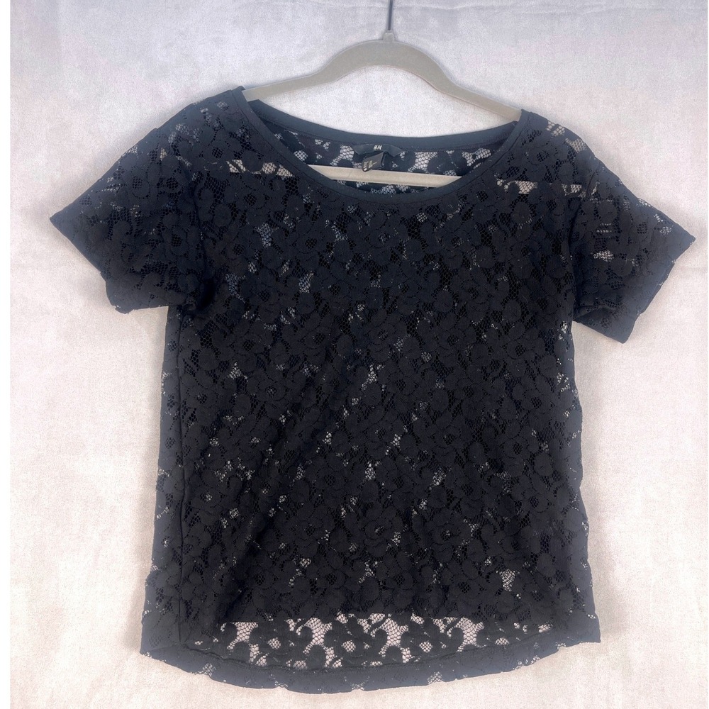 H&M Women Black Floral Lace Short Sleeve Sheer Crew Neck Top XS